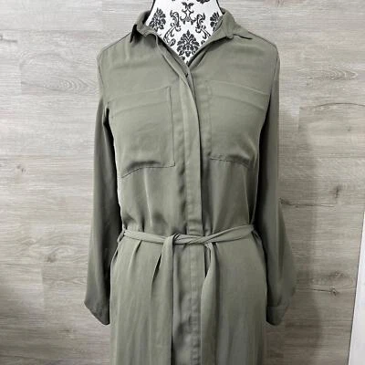H&M Button Down Belted Long Sleeve Green Casual Shirt Dress Women's Size 4 - Image 1 of 4