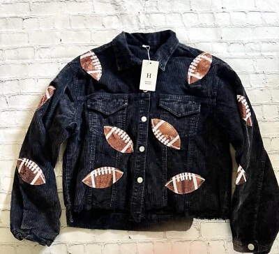 CHAQUETA DE PANA DE FÚTBOL DE LENTEJUELAS NEGRA MEDIANA PARA MUJER Borde deshilachado NUEVA CON ETIQUETAS Foto 1 de 4