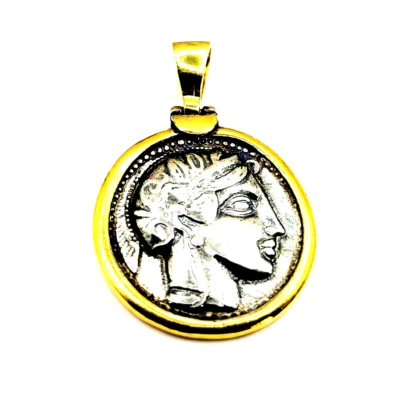 Greek Coin Athena Owl Tetradrachm Sterling Silver 925 Two Tone Pendant - Imagem 1 de 4