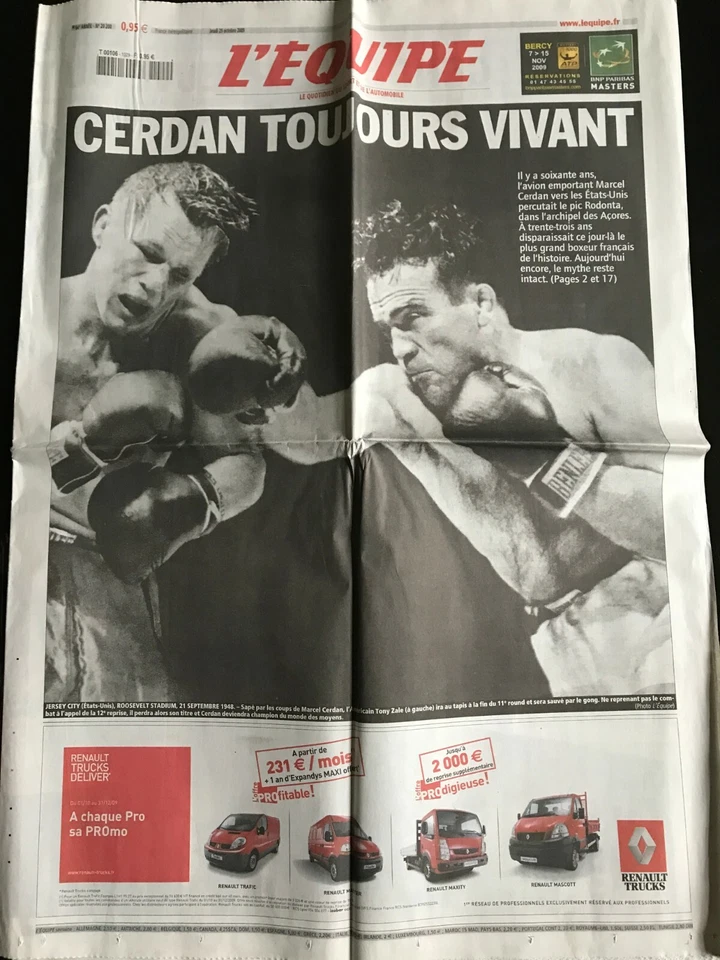 L'Equipe Journal 29/10/2009 Marcel Cerdan toujours vivant, le mythe reste entier - Photo 1/1