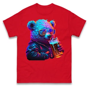 A Cool Bear sipping a drink T Shirt,Retro Style Animal Funny Graphic Top - Picture 1 of 10