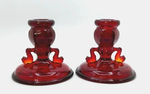 Vtg. Fenton Dolphin Ruby Red 2-Taper Candle Holders Round Base Embossed Flowers - Picture 1 of 7