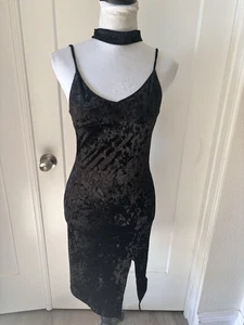 Bodycon Whimsigoth schwarz Crushed Stretch Samt LBD Midi Schlupfkleid Halsband - Bild 1 von 9