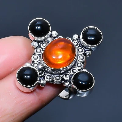 Anillo de joyería ámbar báltico, piedras preciosas de ónix negro talla EE. UU. 7,5 m998 Foto 1 de 3