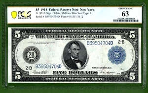 1914💲5 💵 FEDERAL RESERVE NOTE 💵 NY Fr- 851 PCGS UNC 63 - Picture 1 of 7