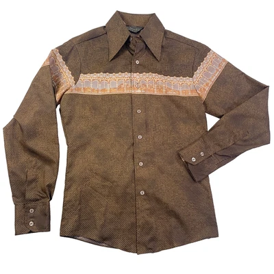Camisa discoteca vintage años 70 Chemise Et Cie poliéster abotonada marrón para hombre pequeña Foto 1 de 4