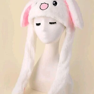 Cute White Bunny Ear Hat with Pink Accents Ears lift up when pressing the paws - Picture 1 of 6