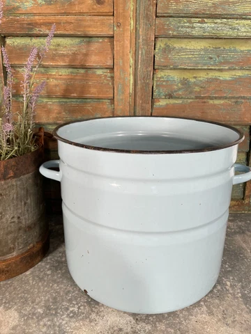 Vintage French Pale Blue Enamel Cooking Pot Tub Garden Planter Cover