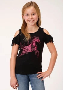 Roper Girls Kids Black Poly/Rayon Pink Horse S/S T-Shirt - Picture 1 of 4