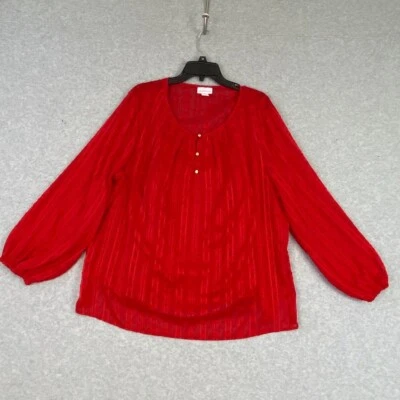 Liz Claiborne Top Womens 1X Red Textured Sheer Built In Cami Metallic Thread - Image 1 of 4