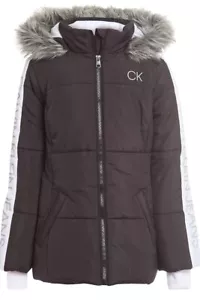 Calvin Klein Girl's Long Hooded Puffer Jacket Fleece Lined Faux Fur Size M 8/10 - Picture 1 of 4