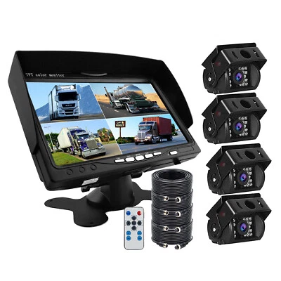 7" Quad Monitor Splitscreen 4PIN 4x CCD Color Rear View Camera 12/24v For Truck - Image 1 of 4