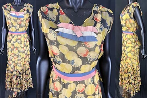 Vintage 30er schwarz weiß gepunktet Pusteblume Print Seide Chiffon Kleid gelb Slip - Bild 1 von 3