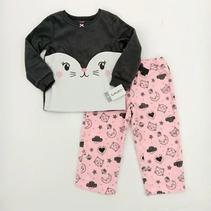 Carter's Fleece Cat Pajamas Set 2T Toddler Girl Pjs Pink Gray Winter Warm AA8 - Picture 1 of 13