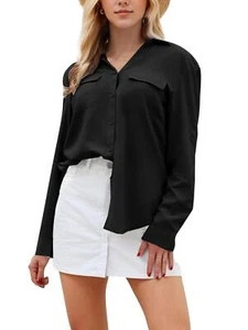 Women's Button Down Shirts Long Sleeve Blouses V Neck Casual Tops with Pockets - Picture 1 of 11
