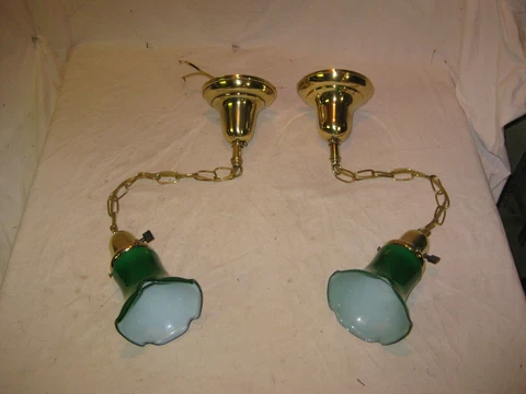 PAIR of Antique Ceiling Mount Brass Pendant Lights w/ Green Cased Glass Shades! Cover