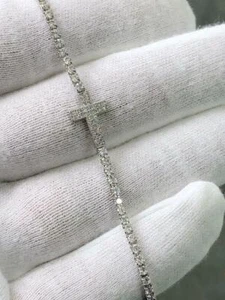 Platinum Sterling Silver White Sapphire Stack Cross Design Tennis Bracelet Gift - Picture 1 of 12