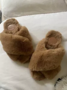 Zara Home Fluffy Brown Crossed Front Slippers Sz 7/40 - Picture 1 of 4