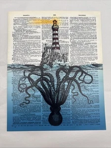 Poster Master Dictionary Art Poster - Giant Octopus Under Lighthouse Print *READ - Picture 1 of 11