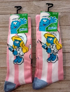 Smurfette Crew Socks Smurfs Cartoon 2 Pair US Shoe Size 7-12 - Picture 1 of 3