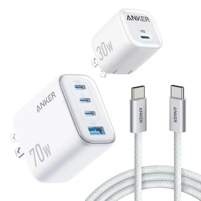 Anker 70W/30W Wall Charger Bundle Foldable Plugs 2 6ft USB C-C Cables NEW - Image 1 of 2