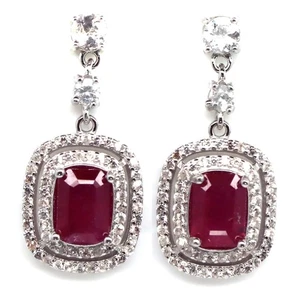 925 Sterling Silver 6 x 8 MM. Red Ruby, Topaz & Cubic Zirconia Earrings - Picture 1 of 4