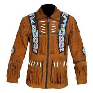 Men Western Style Cowboy Grace leather jacket with Fringe Beaded  Work-Brown