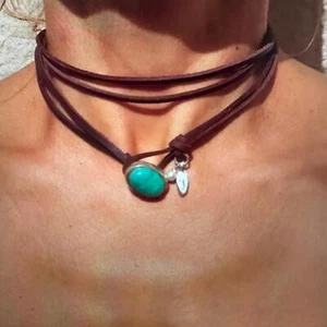 Türkis Stein Bohemian Cowgirl Halsband Halskette mit doppeltem Lederband, Geschenk - Bild 1 von 5