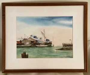 F L GIBBON VINTAGE WATERCOLOR HARBOR PAINTING FRAMED 17.5" X 21" - Picture 1 of 3
