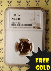 1955 Lincoln Wheat Cent NGC PF 68 RD- VALUED AT $190 BY NGC w/FREE 1/2 GOLDBACK* - Picture 1 of 4