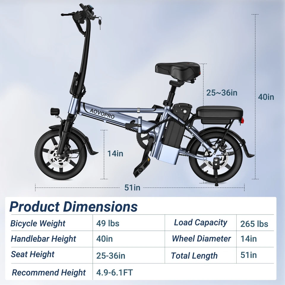 AOVOPRO Foldable Electric Bike 500W Motor 14" Tires 22mph 21Mile Range 48V
