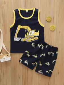Juego de 2 camisetas sin mangas y pantalones cortos con estampado de excavadora para niños - Imagen 1 de 7