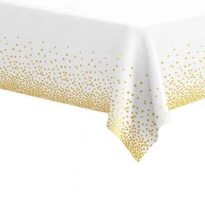 Soft Plastic Rectangular Gold Confetti Dot White Table Cover - Picture 1 of 3