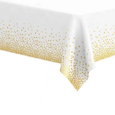 Soft Plastic Rectangular Gold Confetti Dot White Table Cover - Image 1 of 3
