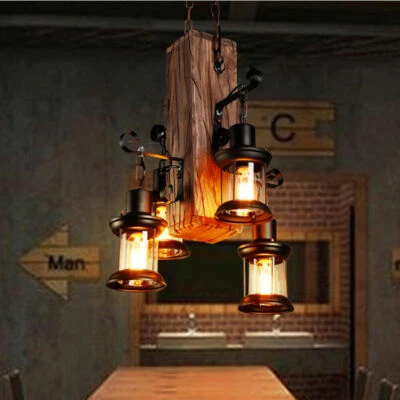 4-Light Retro Wood Chandelier Iron Ceiling Lamp Industrial Rustic Pendant Light - Image 1 of 4