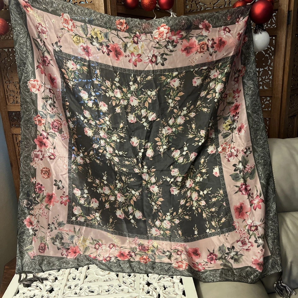 Johnny Was Silk Scarf Tassels Gray Winter Pink Floral Symmetrical Square 42x42 - Image 1 of 4
