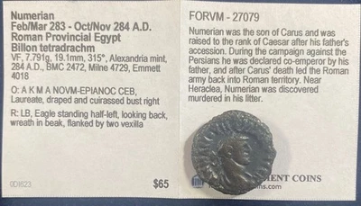 Ancient Numerian 283-284 A.D. Roman Provincial Egypt. Billon Tetradrachm. - Image 1 of 2