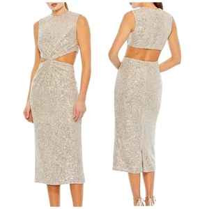 Vestido Midi Ieena for Mac Duggal 27022 Lentejuelas Recortado Desnudo Plateado Talla 0 Nuevo con Etiquetas - Imagen 1 de 5