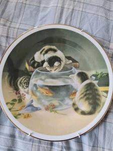 Placa de escena de gatito Bone China Royal Imperial Momentos juguetones pesca fuera de los límites - Imagen 1 de 2