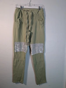 Angela Mara Italy lange Hose grün Pailletten Boho mit Kordelzug - Bild 1 von 9