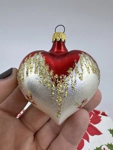 Vintage West Germany Glas rotes Herz Weihnachtsschmuck mit Gold Glitzer 3" - Bild 1 von 5