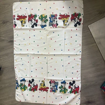 Vtg Disney Baby Receiving Blanket Mickey Minnie Donald Pluto Flannel Polka Dots - Image 1 of 4