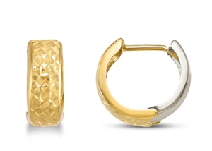 14K Gold Huggie Hoop Earrings TwoTone Diamond Pattern 4.6mm Wide Reversible 13mm - Picture 1 of 6