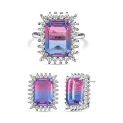 NEW Pink & Lavender Tourmaline Color Glass Simulated Diamond Ring Earring Set BB - Image 1 of 4