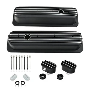 Black Finned Tall Valve Covers & Air PCV Breather For SBC Chevy 327 350 1987-97 - Picture 1 of 12