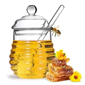 Honey Jar With Dipper And Lidglass Honey Pot Container Dispenserclear Glass Hone - Picture 1 of 7