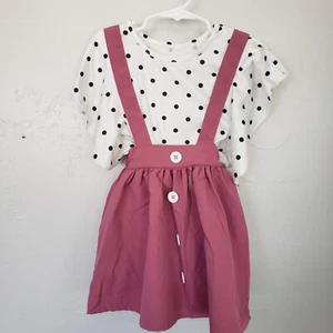 Sparkle in Pink Little Girl Medium Two Piece Set Polka Dot Shirt Pinafore Dress - Picture 1 of 6