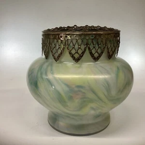 Rindskopf Marbled Glass Rose Bowl Green Iridescent Glass Vase Flower Frog C1900 - Picture 1 of 12