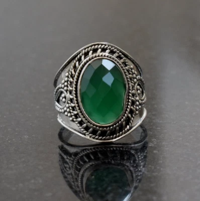 Sfaccettato Verde Onice Ovale Gemma Anello 925 Argento Sterling Spirituale - Immagine 1 di 4