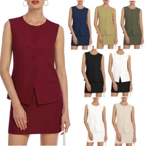 Women Round-Neck Single-Breasted Vest Skirt Suit Office Chic 2 Piece Set Outfit - Picture 1 of 57